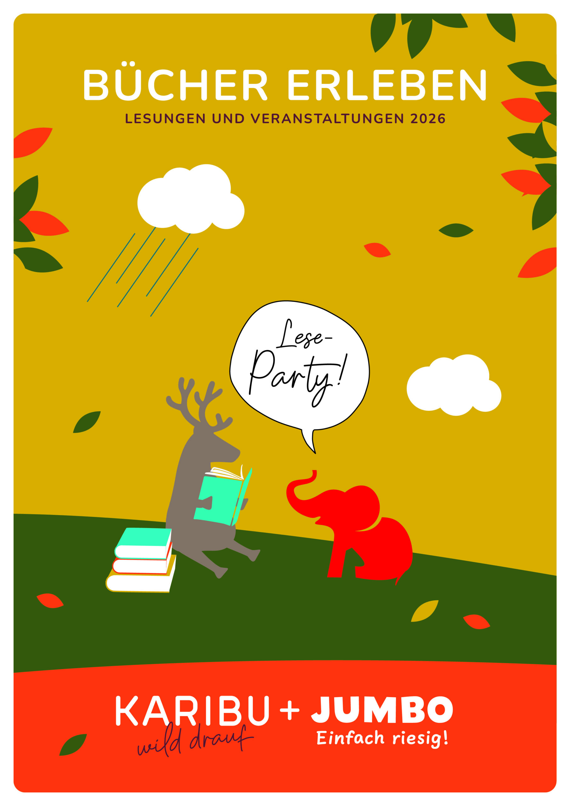 Cover der Broschüre mit Lesungen und Veranstaltungen des JUMBO Verlags. Auf dem Cover sind 2 Karibus und ein Elefant auf Liegestühlen zu sehen. Neben einem der Liegestühle steht ein Sonnenschirm